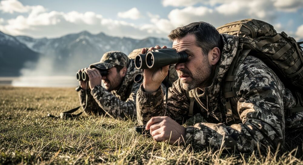 Two people in camouflage lying prone with binoculars