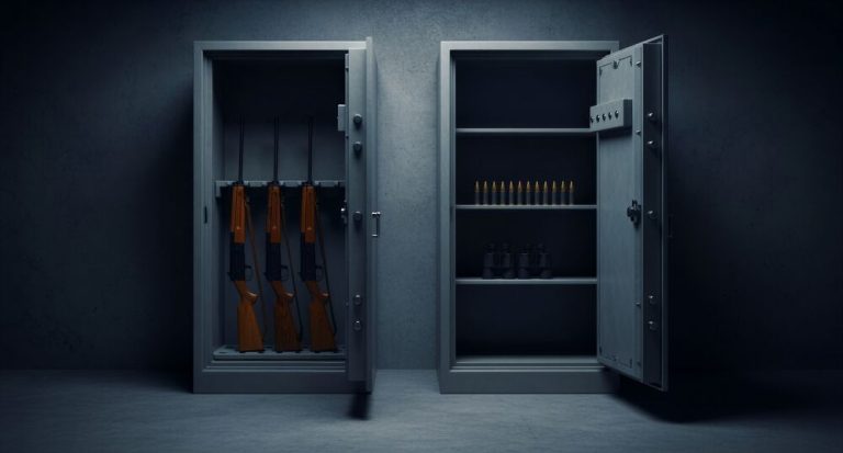 Open gun safes storing rifles, ammunition and binoculars