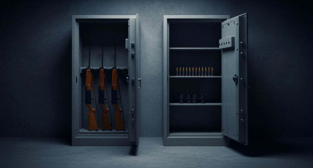Open gun safes storing rifles, ammunition and binoculars