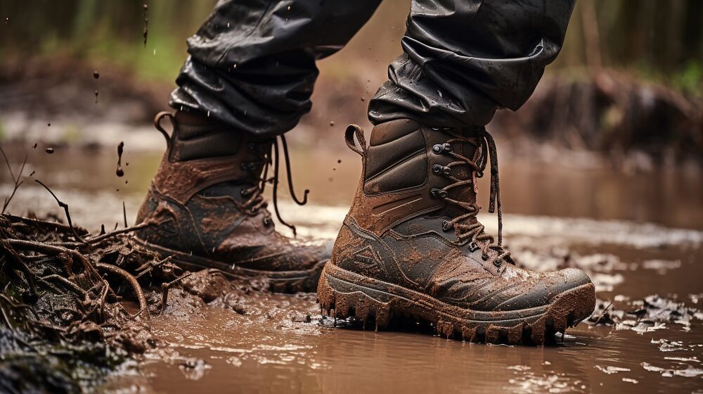Muddy boots walking through a wet rural track