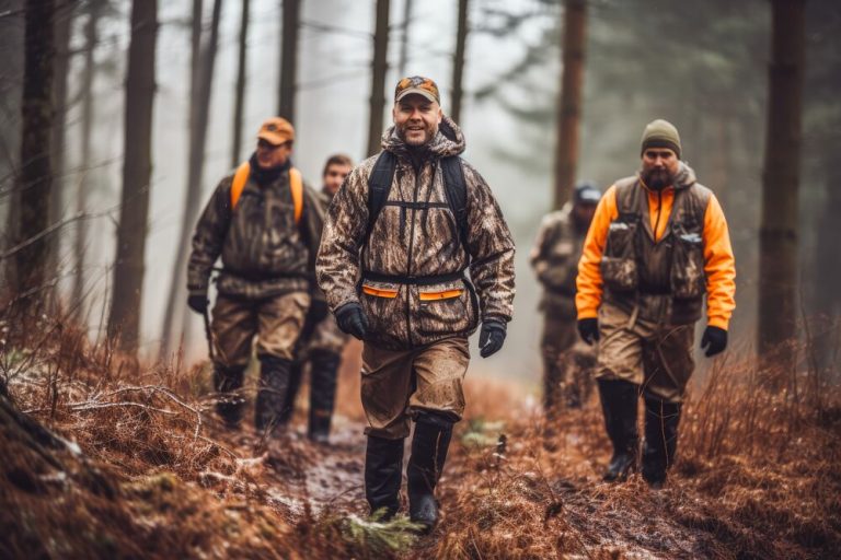 Hunters in camouflage walking a misty woodland trail