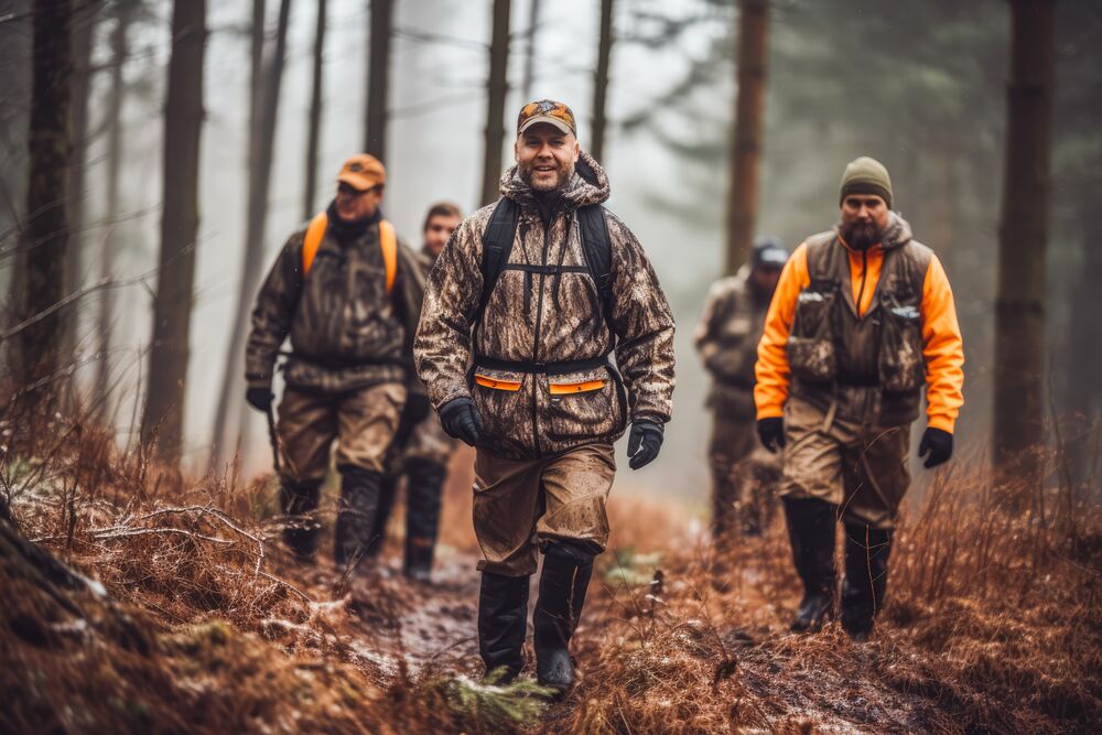 Hunters in camouflage walking a misty woodland trail