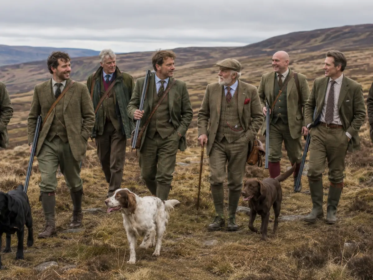 Group in country attire walking on moorland with dogs