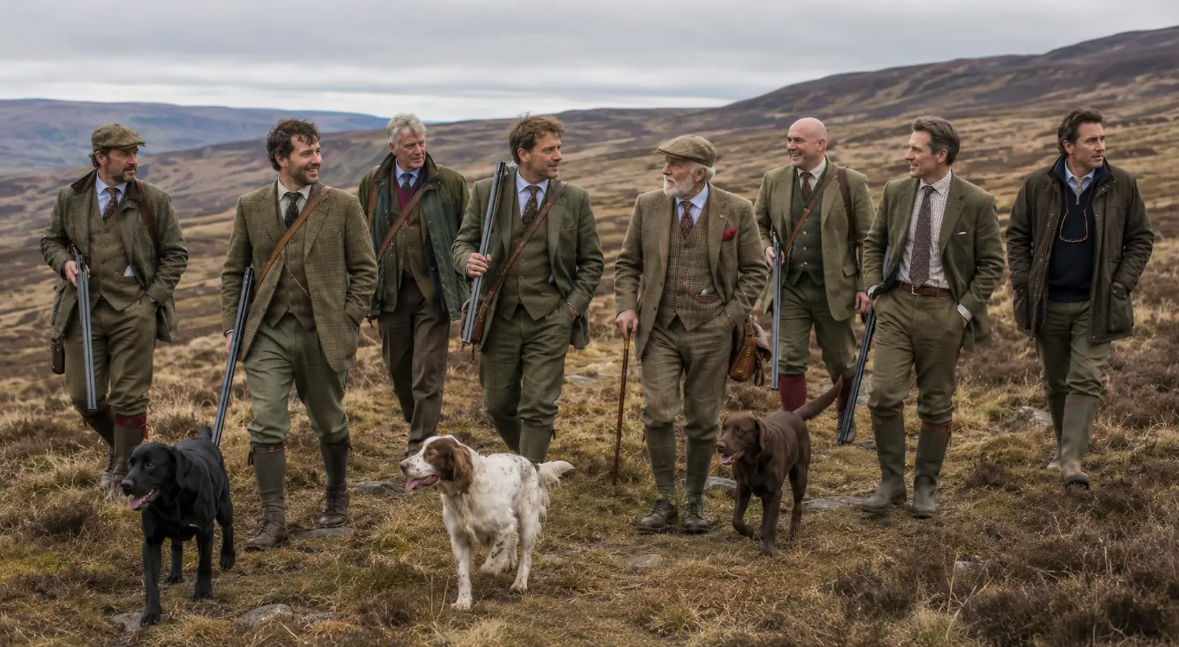 Group in country attire walking on moorland with dogs