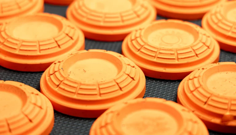Orange clay pigeons on a dark surface