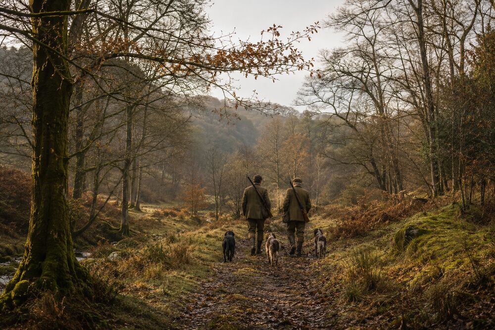 Two hunters and gundogs walking a woodland path