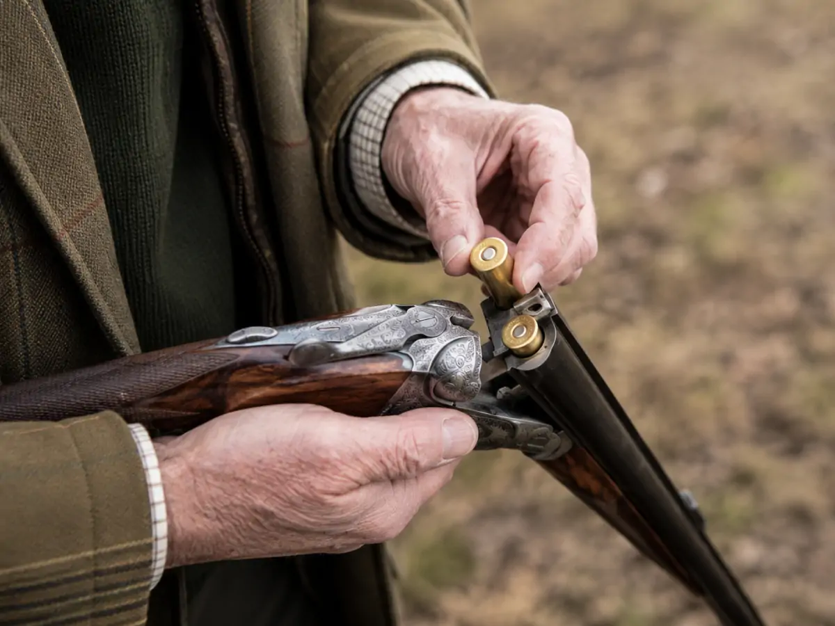 Person in a tweed jacket loading shells into a shotgun